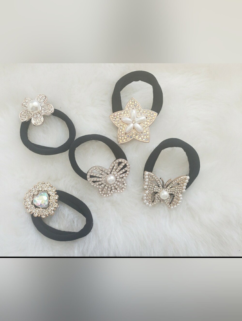 5pk Elegant Pearl & Crystal Hair Ties - Black